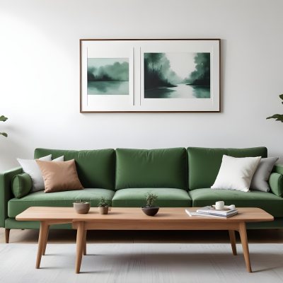 A Minimalist Living Room With A Green Sofa Wooden Shelves And A Framed Artwork On The Wall 4 E970