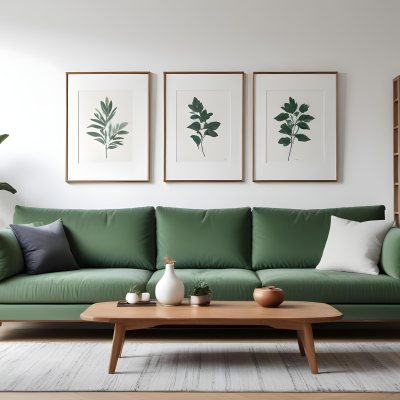 A Minimalist Living Room With A Green Sofa Wooden Shelves And A Framed Artwork On The Wall 5 F2d2