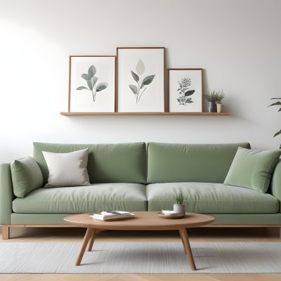 A Minimalist Living Room With A Green Sofa Wooden Shelves And A Framed Artwork On The Wall 6 21a5