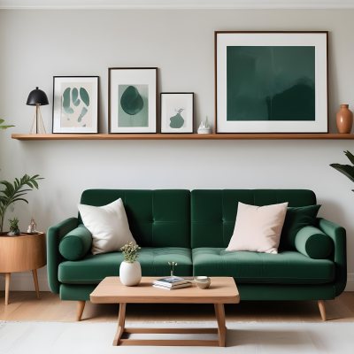 A Minimalist Living Room With A Green Sofa Wooden Shelves And A Framed Artwork On The Wall 8 8d6a