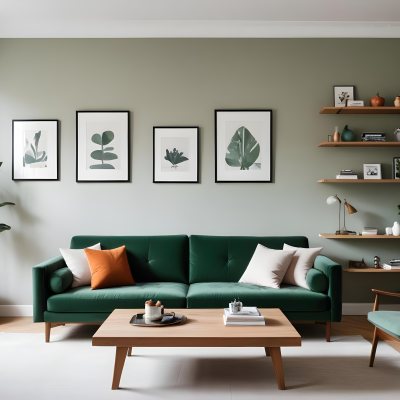 A Minimalist Living Room With A Green Sofa Wooden Shelves And A Framed Artwork On The Wall 9 9aae