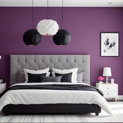 A Modern Bedroom Featuring A Black Tufted Bed With Two White Pillows And A Light Gray Blanket The Wall Behind The Bed Is Painted A Vibrant Purple There Are Two Stylish Pendant Lights Hanging From The Ceiling On Either 11 98c7