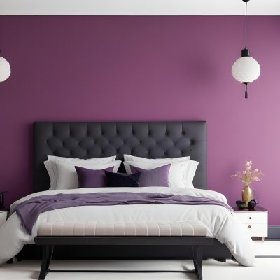 A Modern Bedroom Featuring A Black Tufted Bed With Two White Pillows And A Light Gray Blanket The Wall Behind The Bed Is Painted A Vibrant Purple There Are Two Stylish Pendant Lights Hanging From The Ceiling On Either 13 9b35
