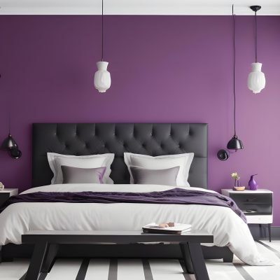 A Modern Bedroom Featuring A Black Tufted Bed With Two White Pillows And A Light Gray Blanket The Wall Behind The Bed Is Painted A Vibrant Purple There Are Two Stylish Pendant Lights Hanging From The Ceiling On Either 14 3b46