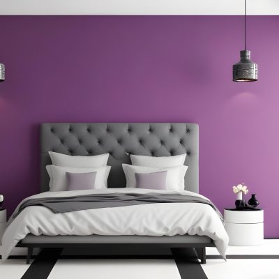 A Modern Bedroom Featuring A Black Tufted Bed With Two White Pillows And A Light Gray Blanket The Wall Behind The Bed Is Painted A Vibrant Purple There Are Two Stylish Pendant Lights Hanging From The Ceiling On Either 15 522c
