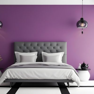 A Modern Bedroom Featuring A Black Tufted Bed With Two White Pillows And A Light Gray Blanket The Wall Behind The Bed Is Painted A Vibrant Purple There Are Two Stylish Pendant Lights Hanging From The Ceiling On Either 16 248a