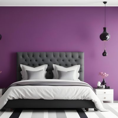 A Modern Bedroom Featuring A Black Tufted Bed With Two White Pillows And A Light Gray Blanket The Wall Behind The Bed Is Painted A Vibrant Purple There Are Two Stylish Pendant Lights Hanging From The Ceiling On Either 17 0f53