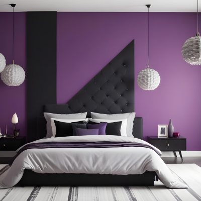 A Modern Bedroom Featuring A Black Tufted Bed With Two White Pillows And A Light Gray Blanket The Wall Behind The Bed Is Painted A Vibrant Purple There Are Two Stylish Pendant Lights Hanging From The Ceiling On Either 18 Cede