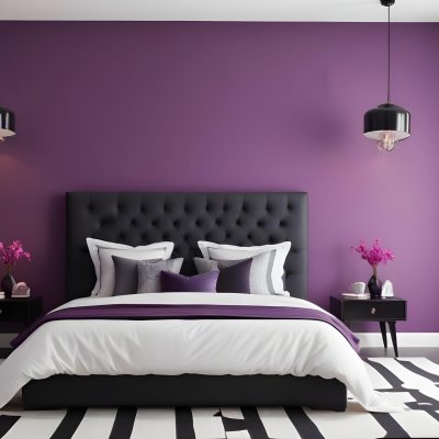 A Modern Bedroom Featuring A Black Tufted Bed With Two White Pillows And A Light Gray Blanket The Wall Behind The Bed Is Painted A Vibrant Purple There Are Two Stylish Pendant Lights Hanging From The Ceiling On Either 19 7617