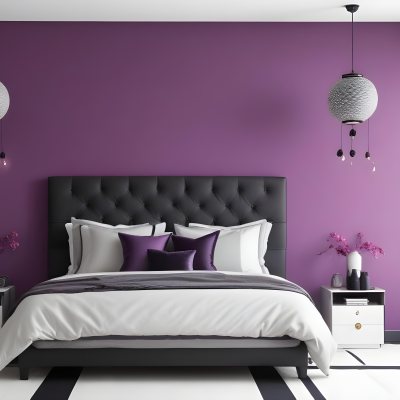 A Modern Bedroom Featuring A Black Tufted Bed With Two White Pillows And A Light Gray Blanket The Wall Behind The Bed Is Painted A Vibrant Purple There Are Two Stylish Pendant Lights Hanging From The Ceiling On Either 20 F03f