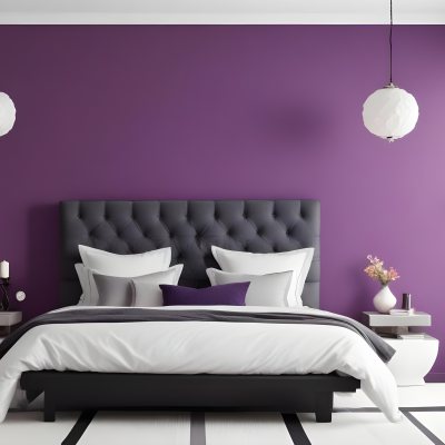 A Modern Bedroom Featuring A Black Tufted Bed With Two White Pillows And A Light Gray Blanket The Wall Behind The Bed Is Painted A Vibrant Purple There Are Two Stylish Pendant Lights Hanging From The Ceiling On Either 21 B3f0