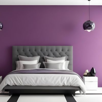 A Modern Bedroom Featuring A Black Tufted Bed With Two White Pillows And A Light Gray Blanket The Wall Behind The Bed Is Painted A Vibrant Purple There Are Two Stylish Pendant Lights Hanging From The Ceiling On Either 22 9846