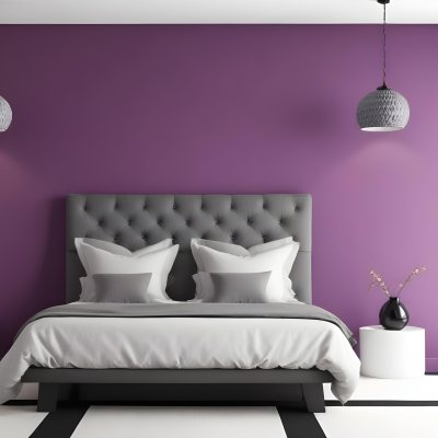 A Modern Bedroom Featuring A Black Tufted Bed With Two White Pillows And A Light Gray Blanket The Wall Behind The Bed Is Painted A Vibrant Purple There Are Two Stylish Pendant Lights Hanging From The Ceiling On Either 23 111f