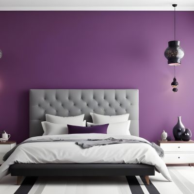 A Modern Bedroom Featuring A Black Tufted Bed With Two White Pillows And A Light Gray Blanket The Wall Behind The Bed Is Painted A Vibrant Purple There Are Two Stylish Pendant Lights Hanging From The Ceiling On Either 24 B793