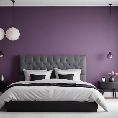 A Modern Bedroom Featuring A Black Tufted Bed With Two White Pillows And A Light Gray Blanket The Wall Behind The Bed Is Painted A Vibrant Purple There Are Two Stylish Pendant Lights Hanging From The Ceiling On Either 3 Dca2