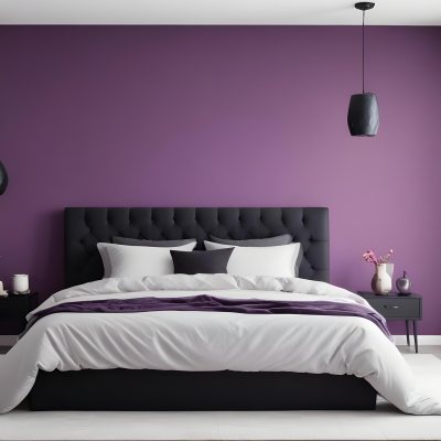 A Modern Bedroom Featuring A Black Tufted Bed With Two White Pillows And A Light Gray Blanket The Wall Behind The Bed Is Painted A Vibrant Purple There Are Two Stylish Pendant Lights Hanging From The Ceiling On Either 4 080f