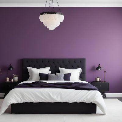 A Modern Bedroom Featuring A Black Tufted Bed With Two White Pillows And A Light Gray Blanket The Wall Behind The Bed Is Painted A Vibrant Purple There Are Two Stylish Pendant Lights Hanging From The Ceiling On Either 5 83a7