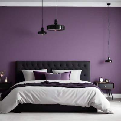 A Modern Bedroom Featuring A Black Tufted Bed With Two White Pillows And A Light Gray Blanket The Wall Behind The Bed Is Painted A Vibrant Purple There Are Two Stylish Pendant Lights Hanging From The Ceiling On Either 6 46da