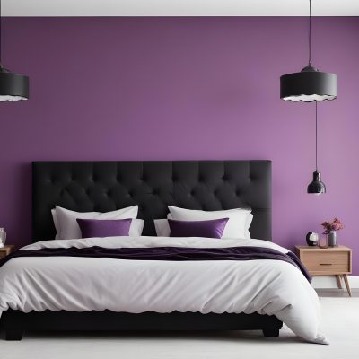 A Modern Bedroom Featuring A Black Tufted Bed With Two White Pillows And A Light Gray Blanket The Wall Behind The Bed Is Painted A Vibrant Purple There Are Two Stylish Pendant Lights Hanging From The Ceiling On Either 7 7f9c