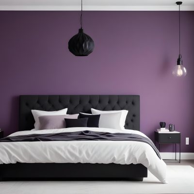 A Modern Bedroom Featuring A Black Tufted Bed With Two White Pillows And A Light Gray Blanket The Wall Behind The Bed Is Painted A Vibrant Purple There Are Two Stylish Pendant Lights Hanging From The Ceiling On Either 8 4fc7