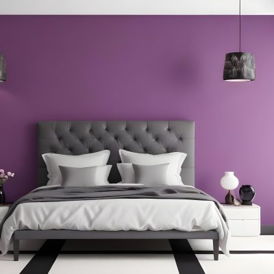 A Modern Bedroom Featuring A Black Tufted Bed With Two White Pillows And A Light Gray Blanket The Wall Behind The Bed Is Painted A Vibrant Purple There Are Two Stylish Pendant Lights Hanging From The Ceiling On Either 9 A8ea