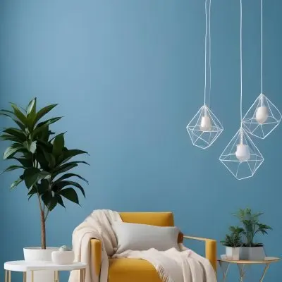 A Modern Living Room With A White Sofa A Potted Plant And Geometric Pendant Lights Hanging From The Ceiling Against A Blue Wall 17 E833