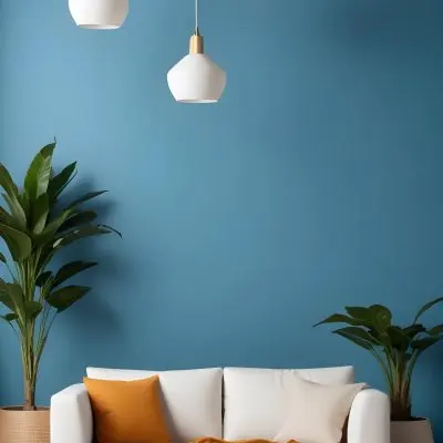 A Modern Living Room With A White Sofa A Potted Plant And Geometric Pendant Lights Hanging From The Ceiling Against A Blue Wall 18 85d1