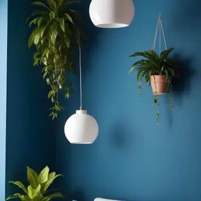 A Modern Living Room With A White Sofa A Potted Plant And Geometric Pendant Lights Hanging From The Ceiling Against A Blue Wall 21 A60a
