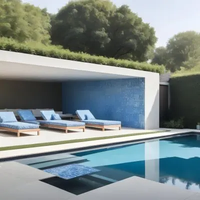 A Modern Outdoor Pool Area With A Rectangular Pool Surrounded By Lounge Chairs And Cabanas The Pool Has A Tiled Blue Bottom And The Surrounding Area Features Lush Greenery And A White Building With Bl 12 Ac4a