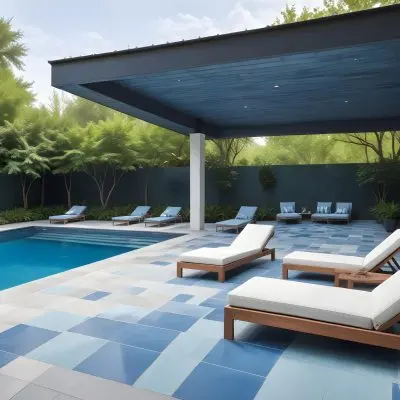A Modern Outdoor Pool Area With A Rectangular Pool Surrounded By Lounge Chairs And Cabanas The Pool Has A Tiled Blue Bottom And The Surrounding Area Features Lush Greenery And A White Building With Bl 3 3b29