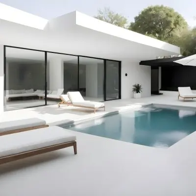 A Modern Outdoor Pool Area With A Rectangular Pool Surrounded By Lounge Chairs And Cabanas The Pool Has A Tiled Blue Bottom And The Surrounding Area Features Lush Greenery And A White Building With Bl 4 Db2b