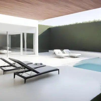 A Modern Outdoor Pool Area With A Rectangular Pool Surrounded By Lounge Chairs And Cabanas The Pool Has A Tiled Blue Bottom And The Surrounding Area Features Lush Greenery And A White Building With Bl 5 F131