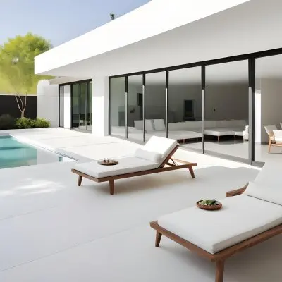 A Modern Outdoor Pool Area With A Rectangular Pool Surrounded By Lounge Chairs And Cabanas The Pool Has A Tiled Blue Bottom And The Surrounding Area Features Lush Greenery And A White Building With Bl 6 89f6