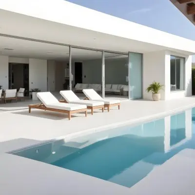 A Modern Outdoor Pool Area With A Rectangular Pool Surrounded By Lounge Chairs And Cabanas The Pool Has A Tiled Blue Bottom And The Surrounding Area Features Lush Greenery And A White Building With Bl 7 A308