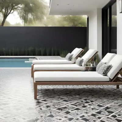 A Modern Outdoor Pool Area With A Rectangular Pool Surrounded By Lounge Chairs And Cabanas The Pool Has A Tiled Blue Bottom And The Surrounding Area Features Lush Greenery And A White Building With Bl 9 A47c