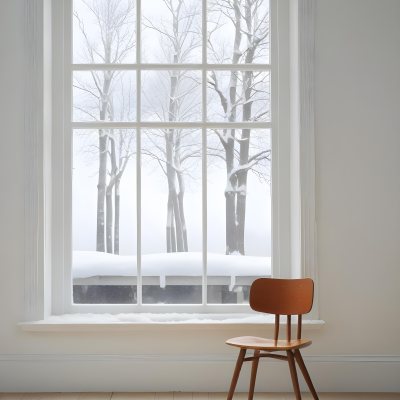 A Simple Wooden Chair In Front Of A Large Window Overlooking A Snowy Outdoor Scene 6 63ed