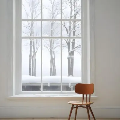 A Simple Wooden Chair In Front Of A Large Window Overlooking A Snowy Outdoor Scene 6 63ed