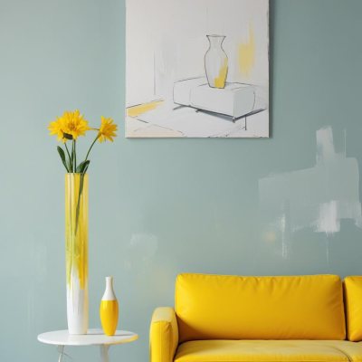 A White Sofa With A White Pillow A Yellow Vase And A Glass On A Table In Front Of A Yellow Wall 1 3bf9