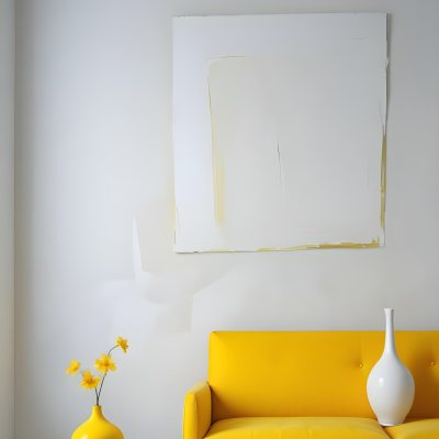 A White Sofa With A White Pillow A Yellow Vase And A Glass On A Table In Front Of A Yellow Wall 10 A5d1