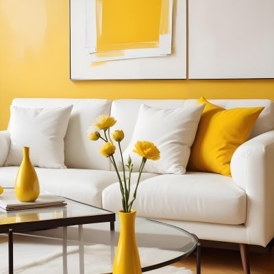A White Sofa With A White Pillow A Yellow Vase And A Glass On A Table In Front Of A Yellow Wall 12 47b3