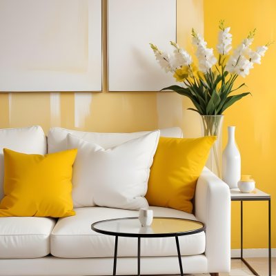 A White Sofa With A White Pillow A Yellow Vase And A Glass On A Table In Front Of A Yellow Wall 15 2965