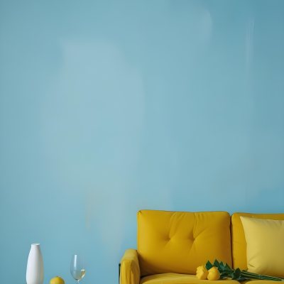 A White Sofa With A White Pillow A Yellow Vase And A Glass On A Table In Front Of A Yellow Wall 16 8cf4