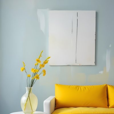 A White Sofa With A White Pillow A Yellow Vase And A Glass On A Table In Front Of A Yellow Wall 19 E032