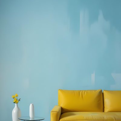 A White Sofa With A White Pillow A Yellow Vase And A Glass On A Table In Front Of A Yellow Wall 20 9649