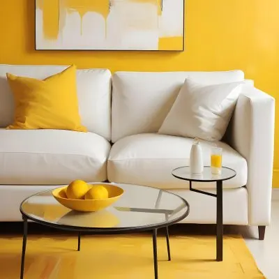 A White Sofa With A White Pillow A Yellow Vase And A Glass On A Table In Front Of A Yellow Wall 21 B237