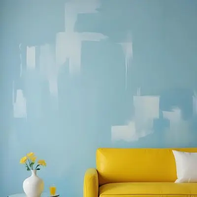 A White Sofa With A White Pillow A Yellow Vase And A Glass On A Table In Front Of A Yellow Wall 22 06b3