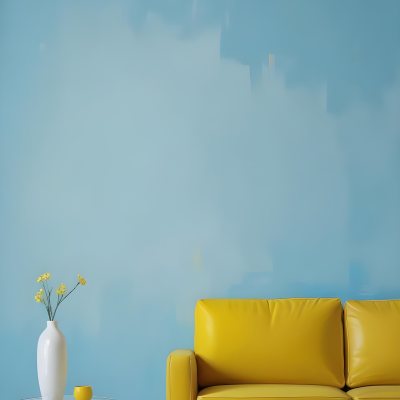 A White Sofa With A White Pillow A Yellow Vase And A Glass On A Table In Front Of A Yellow Wall 26 3a44