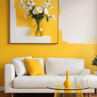 A White Sofa With A White Pillow A Yellow Vase And A Glass On A Table In Front Of A Yellow Wall 27 8bfd