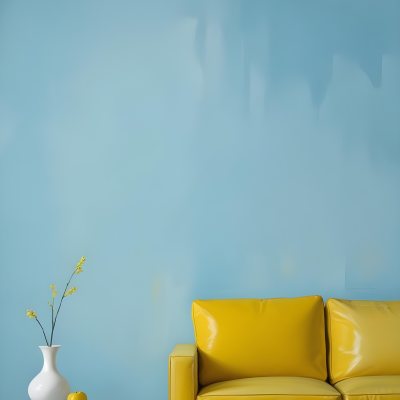 A White Sofa With A White Pillow A Yellow Vase And A Glass On A Table In Front Of A Yellow Wall 28 183b