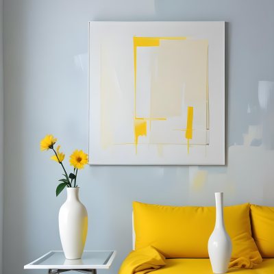 A White Sofa With A White Pillow A Yellow Vase And A Glass On A Table In Front Of A Yellow Wall 29 9261